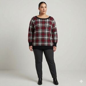 ​Torrid Plaid Crew Neck Knit Sweater Red Black Plus Size 4X EUC
